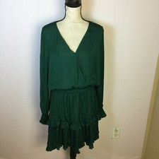 Nuevo con etiquetas Vestido Socialite Mini en Niveles Talla L Mujer Verde Satinado Manga Larga Cintura Calzoncillos