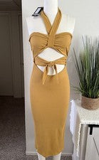Vestido midi de verano ceñido al cuerpo delantero con corbata halter amarillo de moda boutique para mujer