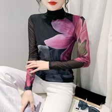 Mujer Cuello Alto Malla Estampado Floral Mangas Largas Camiseta Ajustada Moda Blusa Prendas para el torso
