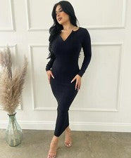 Maxi Vestido Para Mujer Moda Boutique Negro Cuello en V Sin Costuras Arranque Manga Larga