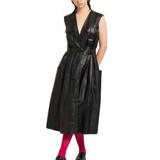 Vestido midi de cuero negro de piel de cordero genuino suave para mujer con cuello en V
