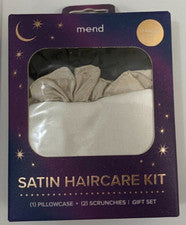 Kit de cuidado del cabello satinado MEND 1 funda de almohada tamaño estándar 2 Schrunchies juego de regalo NUEVO