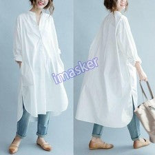 Maxi Vestido Camisa Larga de Algodón para Mujer Suelto Informal Moda Coreana Verano Retro