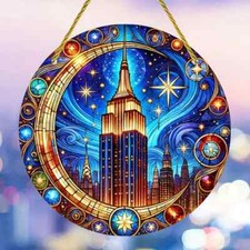 Suncatcher efecto vitral decoración del hogar Empire State Building Luna Nueva York