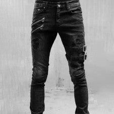 Pantalones de mezclilla informales rasgados ajustados punk con hebilla de motociclista para hombre