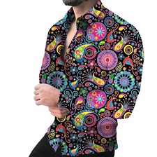 Camiseta Botón Hombre Vestido Colorido Paisley Rosa Roja Moda Manga Larga Top