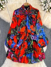 Verano Moda Rosa Vestido Floral Para Mujer Cuello Alto Cuello Lazo Manga Larga s-xxl