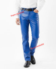 Pantalones para correr de cuero de cordero azules con cordón suave informales estilo callejero para hombre