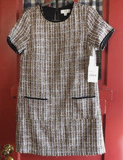 Vestido para mujer CeCe clásico negro blanco multicolor tweed manga corta talla 8 nuevo con etiquetas