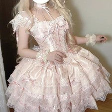 Vestido de mujer Lolita con volantes encaje cordones lazo corto retro hada elegante lindo