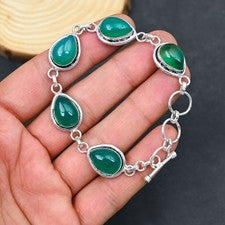 Brazalete de joyería de plata de ley 925 hecho a mano con piedras preciosas de ónix verde 6-8"
