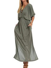 "Mujer Maxi Vestido Cuello V, Mangas Murciélago, Elegante, Elástico 6975"