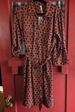 Vestido para mujer NY Collection naranja negro estampado de diamantes cuello en V con cinturón talla L nuevo con etiquet