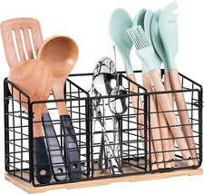 Jeensley Plegable 3 Compartimentos Alambre de Metal Utensilios Carrito Soporte con Base de Madera