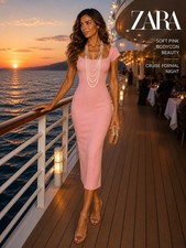 NUEVO CON ETIQUETAS, Zara, Precioso BodyCon Rosa Suave Elástico, Vestido de Cóctel Cuello Cuadrado, Talla Pequeña