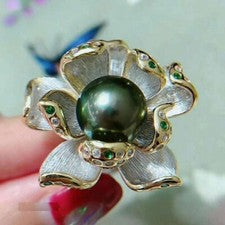 Precioso Enorme Anillo Perla Redonda Verde Negro Mar del Sur Natural AAAAA 9-10mm 925S