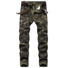 Pantalones de mezclilla de camuflaje para hombre diseñados ajustados de motociclista pantalones ajustados de moda