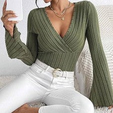 Camiseta vintage de mujer con cuello en V manga larga para otoño e invierno - Top estilo retro