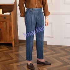 Hombres Estilo Británico Nápoles Retro Cintura Alta Pierna Recta Pantalones Denim Pantalones