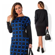 Vestido de oficina informal a cuadros con cuello en O azul y negro para mujer (2XL)