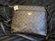 Bolso Bandolera Coach Signature Estampado Marrón/Negro Firma Correa Negra Nuevo con Etiquetas