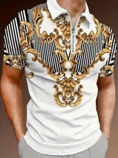 Polo Camisetas Hombres Cremalera Cuello Barroco Moda Blanco Marrón Tótem Golf