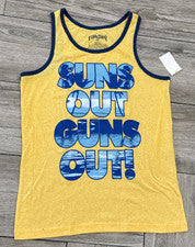 Camiseta sin mangas Suns Out Guns Out 2014 estilo timbre amarillo y azul marino talla mediana