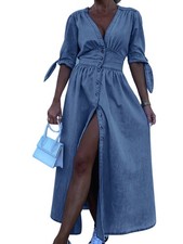 1X (Vestido de mezclilla para mujer con cuello en V largo de moda con botones cintura media manga corta 3507