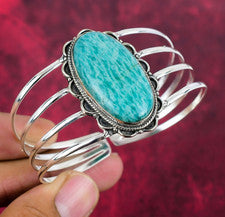 Brazalete ajustable de plata maciza 925 hecho a mano con piedras preciosas de amazonita de diseñador joyería