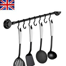 Estante para utensilios de acero inoxidable negro con 7 ganchos - Perfecto para cocina y baño