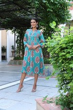 Mujer Azul Estampado Camisa Vestido Manga Larga Geométrico Algodón Corto Kurti Túnica