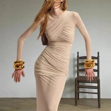 Falda para mujer de moda plisada cuello redondo manga larga calce ajustado a la cadera abrazando
