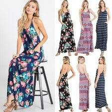 Maxi Vestido Para Mujer Moda Fiesta Informal Rayas Floral Correa en T Bolsillo Lateral Trasero
