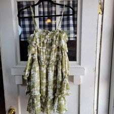 Mini Vestido Reveuse Para Mujer Verde Blanco Floral Hombro Descubierto Manga Larga Talla S