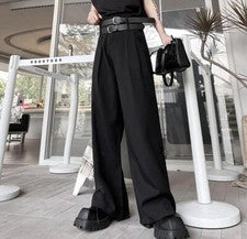 Hombres Moda Punk Doble Cinturón Negro Pierna Ancha Pantalones Juveniles Informales Sueltos Traje Pantalones