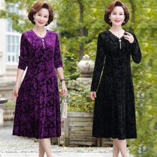 Vestido mujer terciopelo midi floral elegante retro línea A escote en V moda