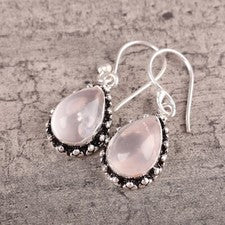 Pendientes colgantes/gotas de plata de ley 925 con piedras preciosas de cuarzo rosa natural para mujer