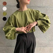 Mujeres Moda Coreana Algodón Suelto Mangas Largas Linterna Camisa Informal Blusa Prendas para el torso