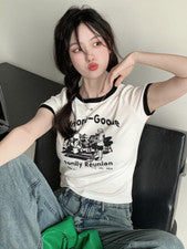 Camiseta Top Para Mujer Estampado Alfabeto Delgada Estilo Corto Cuello Redondo Mangas Cortas