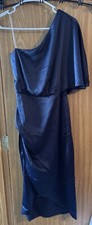 Vestido para mujer satinado tacto por exuberante talla pequeña azul marino abertura lateral fuera del hombro