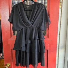 Mini vestido halógeno negro para mujer mangas fluidas en capas cuello en V pulóver talla S
