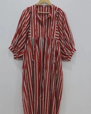 Maxi Vestido Estampado Algodón Rojo Rayas Cuello Profundo Para Mujer Moda Ropa EE. UU.