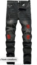 Pantalones de mezclilla rectos negros rojos desgastados JUNBAOSS para hombre botones rasgados hip hop