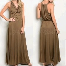 Nuevo con etiquetas Vestido de Diosa Very J Verde Oliva Suave Fluido Halter Espalda Para Mujer Talla Pequeña