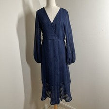 Vestido midi NSR para mujer manga larga - talla M - azul envolvente sintético cuello en V y volantes en la espalda