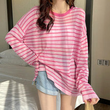 Camisa de punto a rayas de moda para mujer Camiseta suelta simple Prendas para el torso de manga larga
