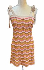 Mini Vestido Lulus Multi Rayas Crochet Corbata Correa Beige Para Mujer’s M Retro Hippie