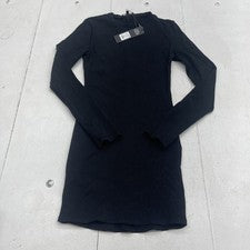 Moda Nova Negro Acanalado Bella Arrancado Manga Larga Mini Vestido Para Mujer Talla L