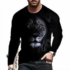 Camiseta Hombre Lion Impresión Negro Manga Larga Moda Casual Ropa De Calle Tee