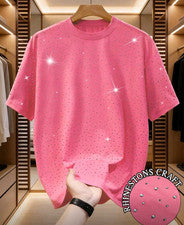 Nueva Camiseta Rosa de Lujo para Hombres Mujeres Diamantes de Imitación Moda Alta Calidad